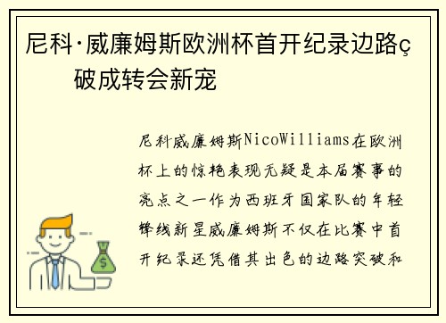 尼科·威廉姆斯欧洲杯首开纪录边路爆破成转会新宠 尼科·威廉姆斯欧洲杯首开纪录边路爆破成转会新宠