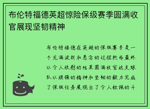 布伦特福德英超惊险保级赛季圆满收官展现坚韧精神 布伦特福德英超惊险保级赛季圆满收官展现坚韧精神